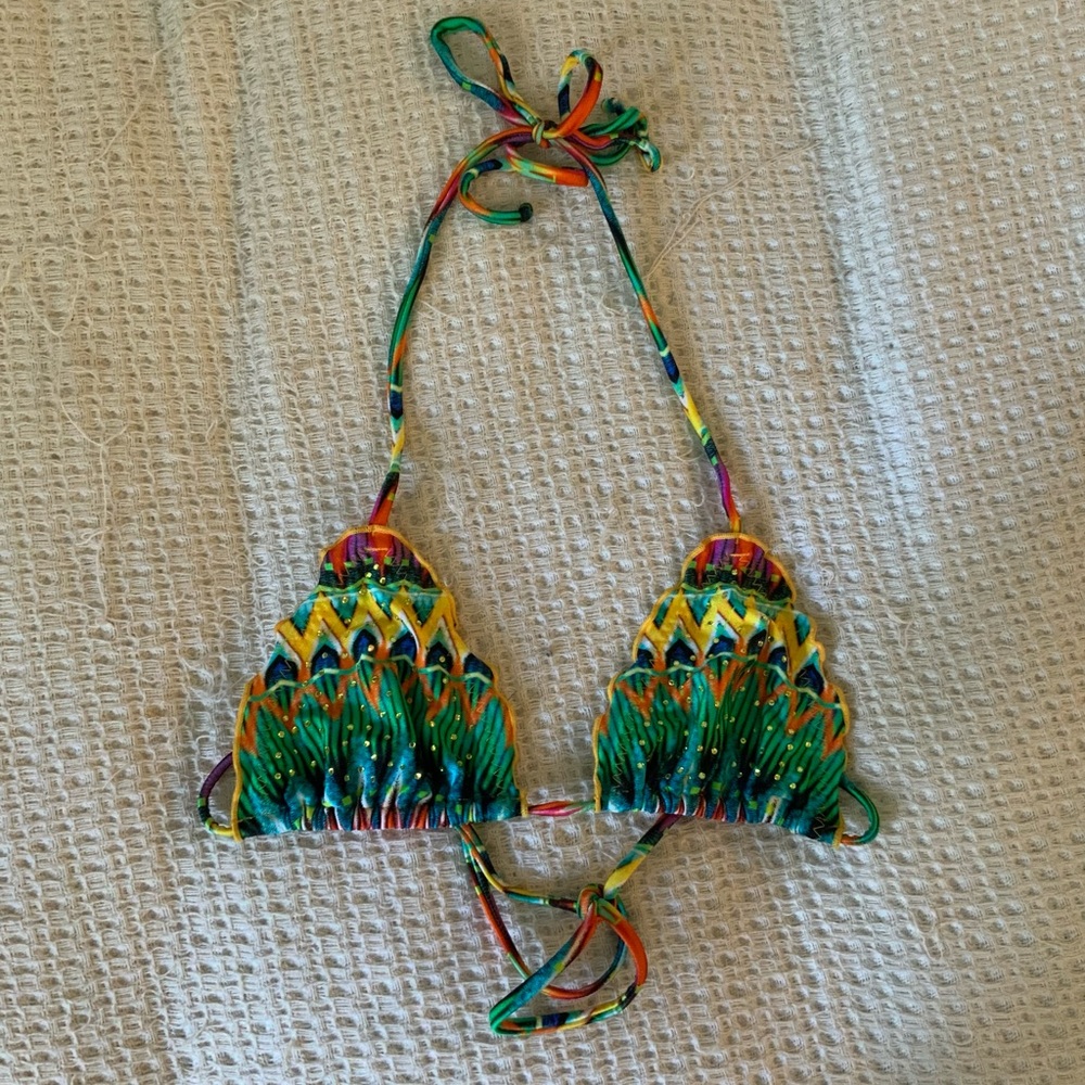 Luli Fama Tulum Party Wavey Triangle Bikini Swim Top Rainbow Crystal XS
